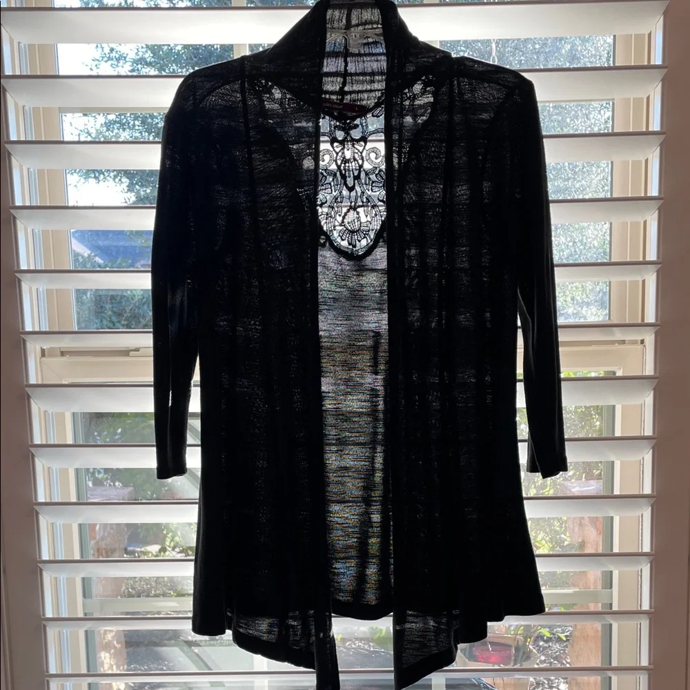 JULIE’S CLOSET Chic Black Sheer Cardigan W Back Lace details Like New SZ L